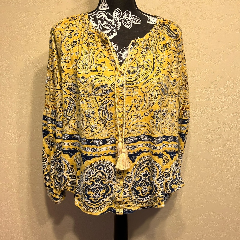 LG LUCKY BRAND YELLOW & BLUE LONG SLEEVE V NECK PEASANT STYLE WITH TASSELS